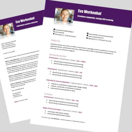 Sjabloon cv en sollicitatiebrief, Word, paars en lila #7