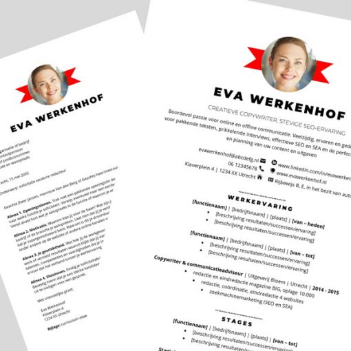 Sjabloon cv en sollicitatiebrief in Word, gecentreerde lay-out, rood #12