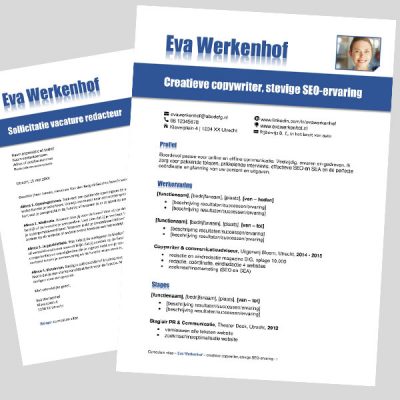 Sjabloon cv en sollicitatiebrief in Word, kleur blauw